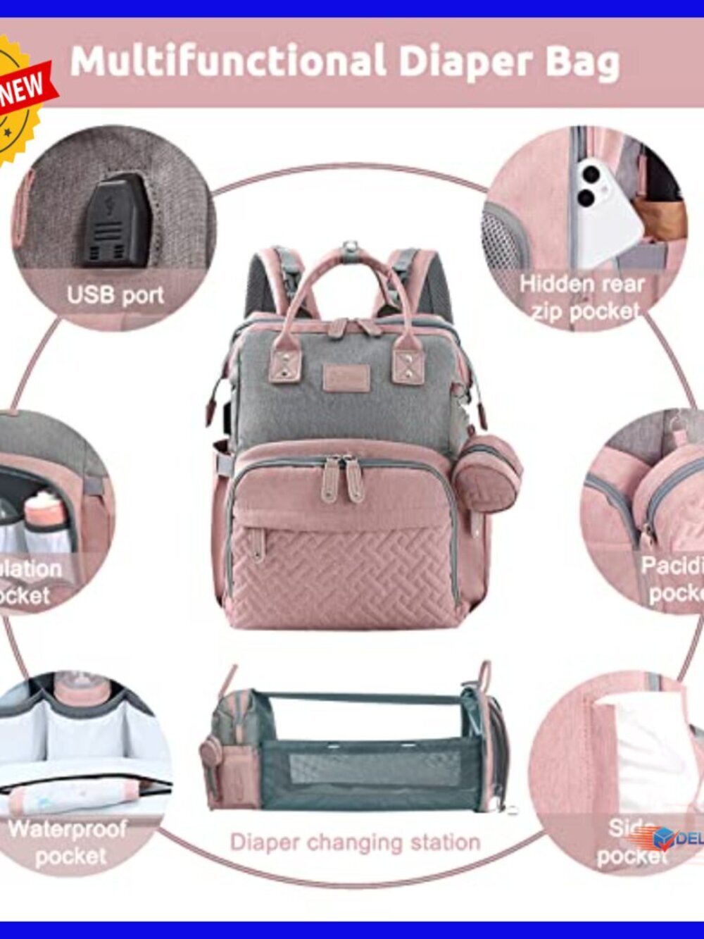 Large Capacity Diaper Backpack with Changing Station USB Port Waterproof - Picture 4 of 6